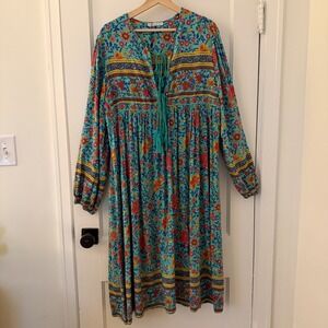 Boho Blue Floral Tassel Tie Empire Waist Midi Peasant Dress/Coverup Womens 2XL